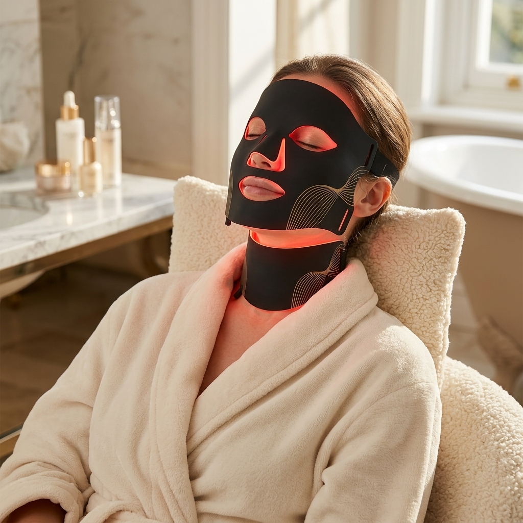 Woman in robe wearing Limyaré Silicone LED Face Mask