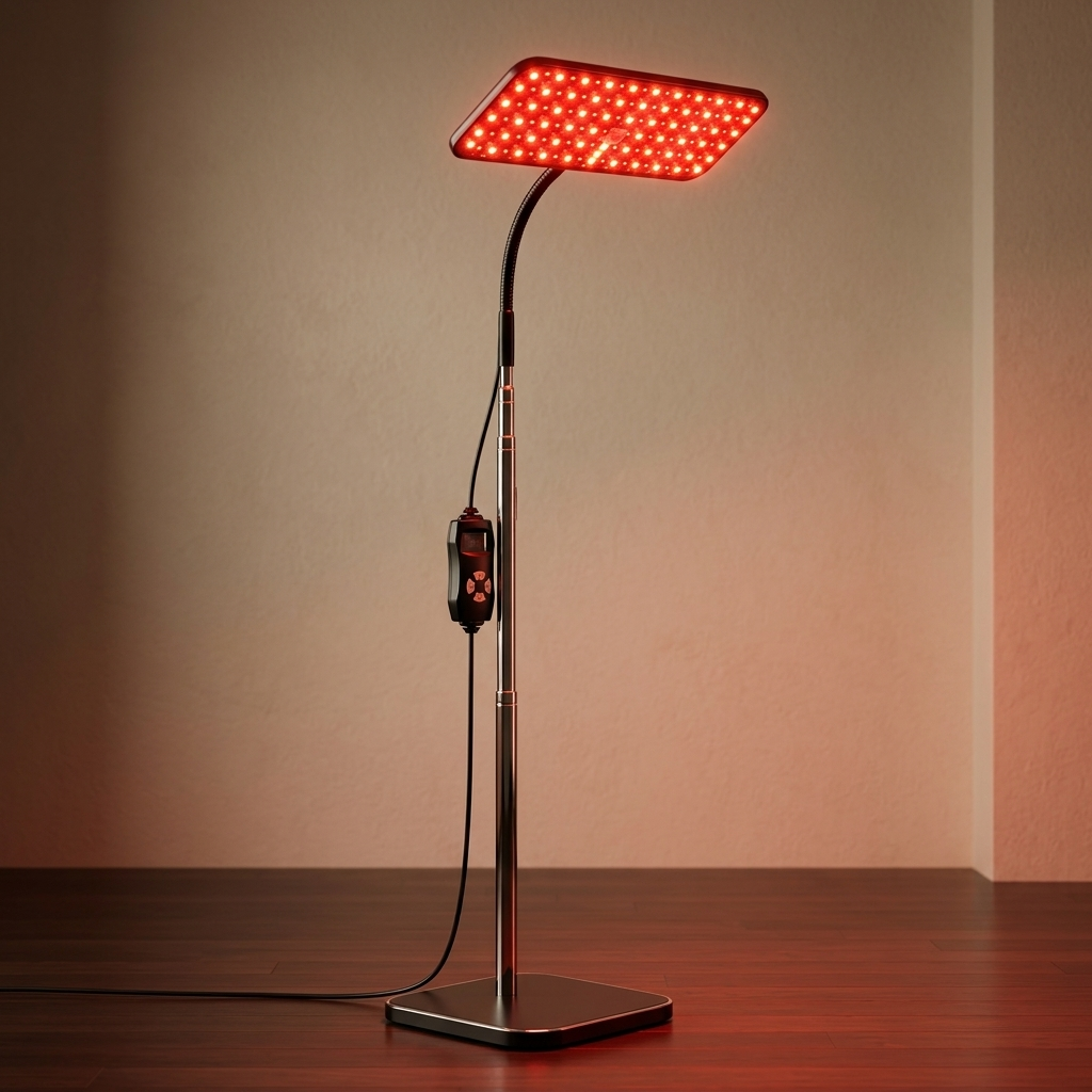 Limyaré Red Light Therapy Lamp — powered on, red glow