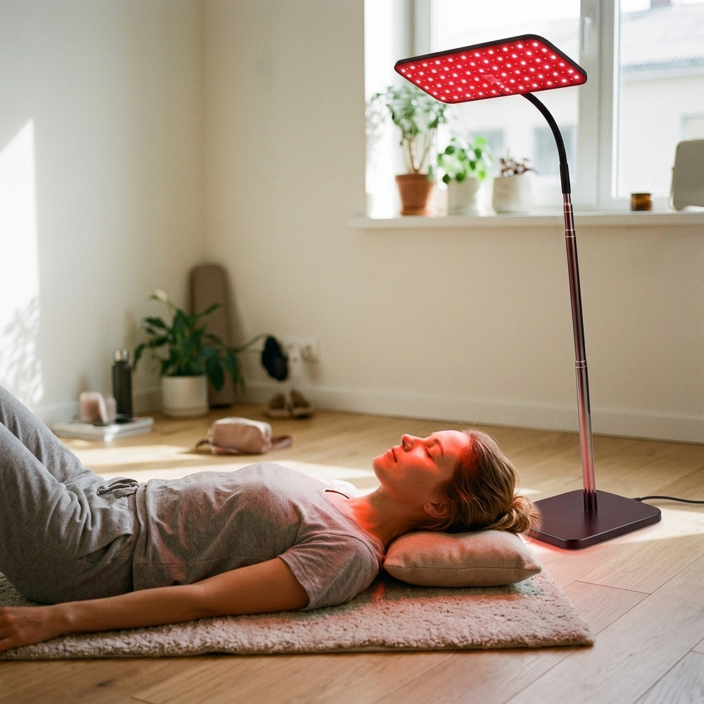 Woman relaxing under the Limyaré Red Light Therapy Lamp