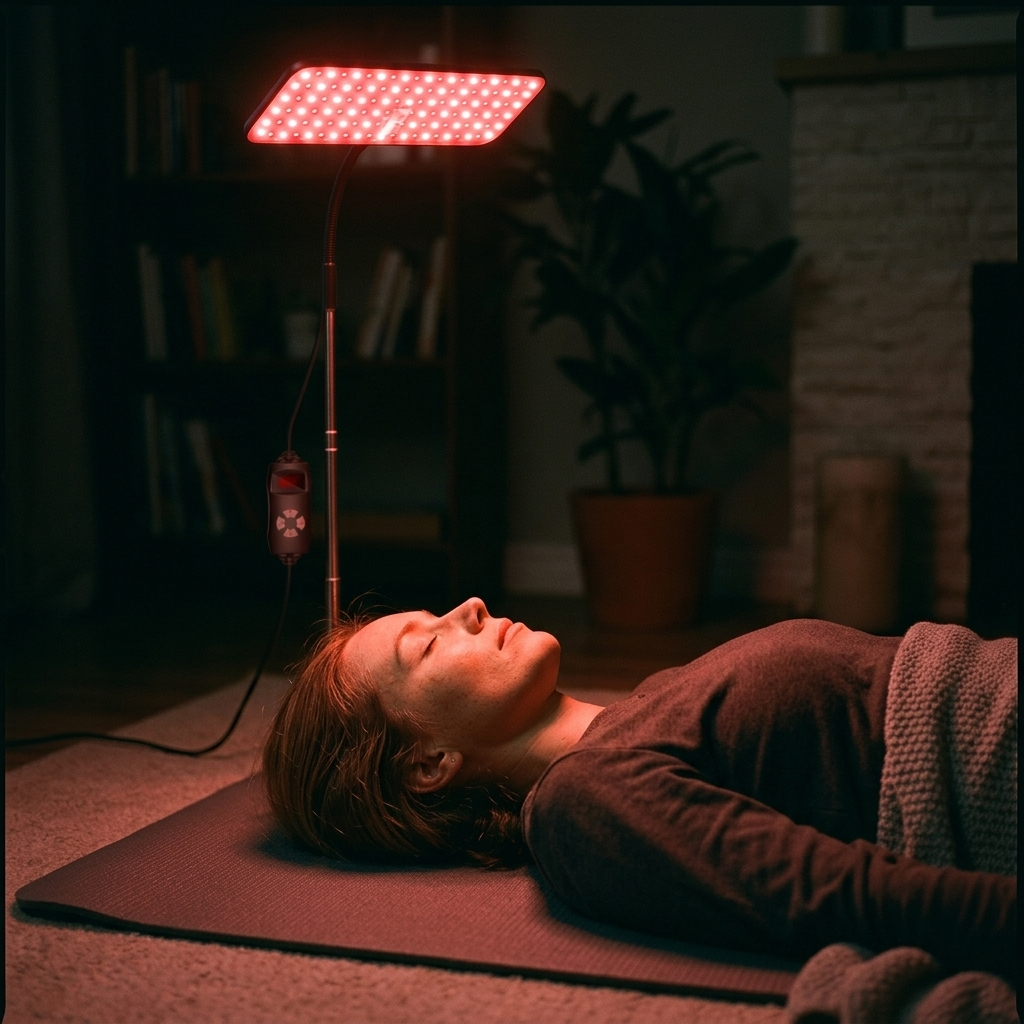 Woman relaxing under the Limyaré Red Light Therapy Lamp at night