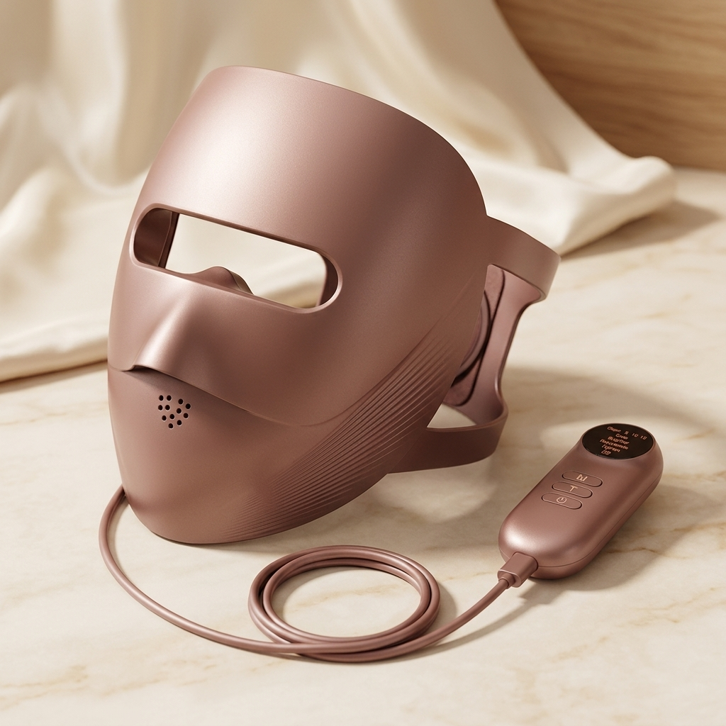 Limyaré Photon LED Face Mask (rose gold) — 3/4 angle with controller