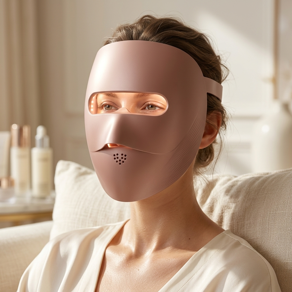 Woman wearing Limyaré Photon LED Face Mask (rose gold), glowing